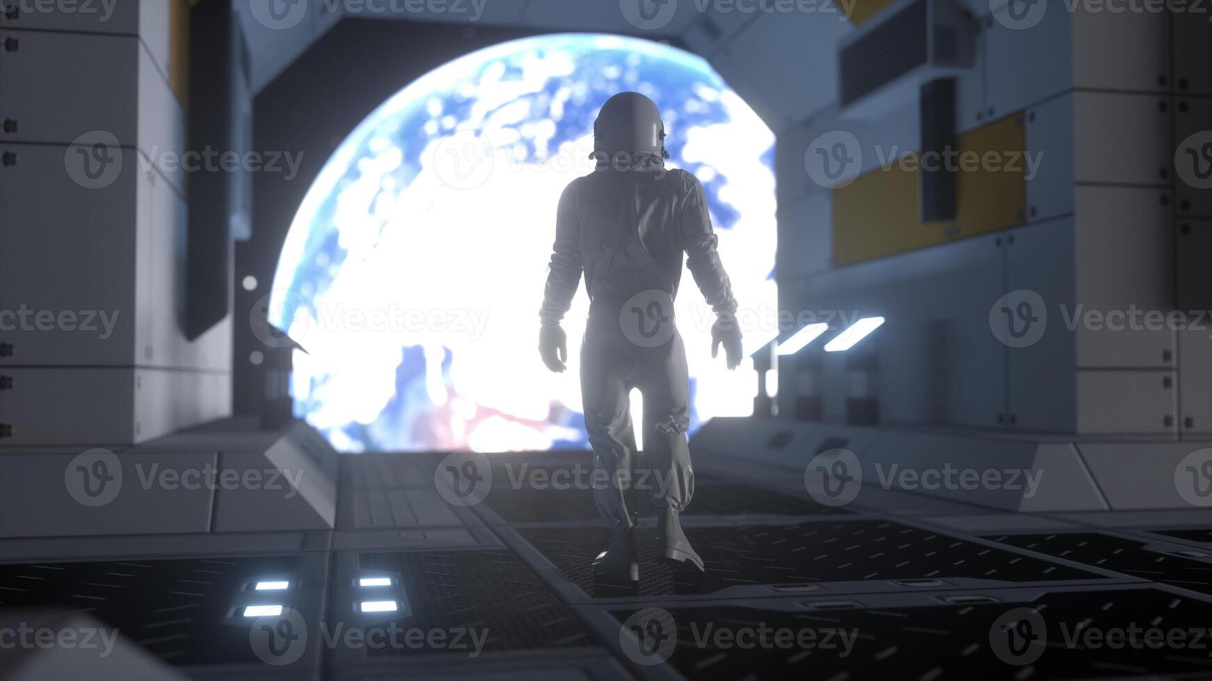 Alone astronaut in futuristic spaceship. View of the earth. 3d rendering photo
