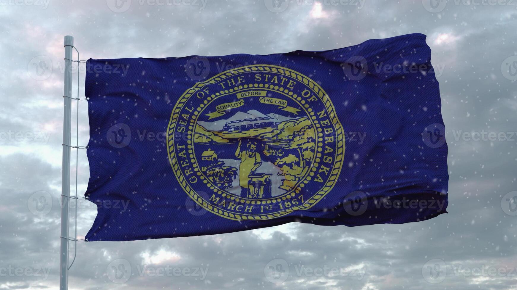 Nebraska winter flag with snowflakes background. United States of America. 3d rendering photo