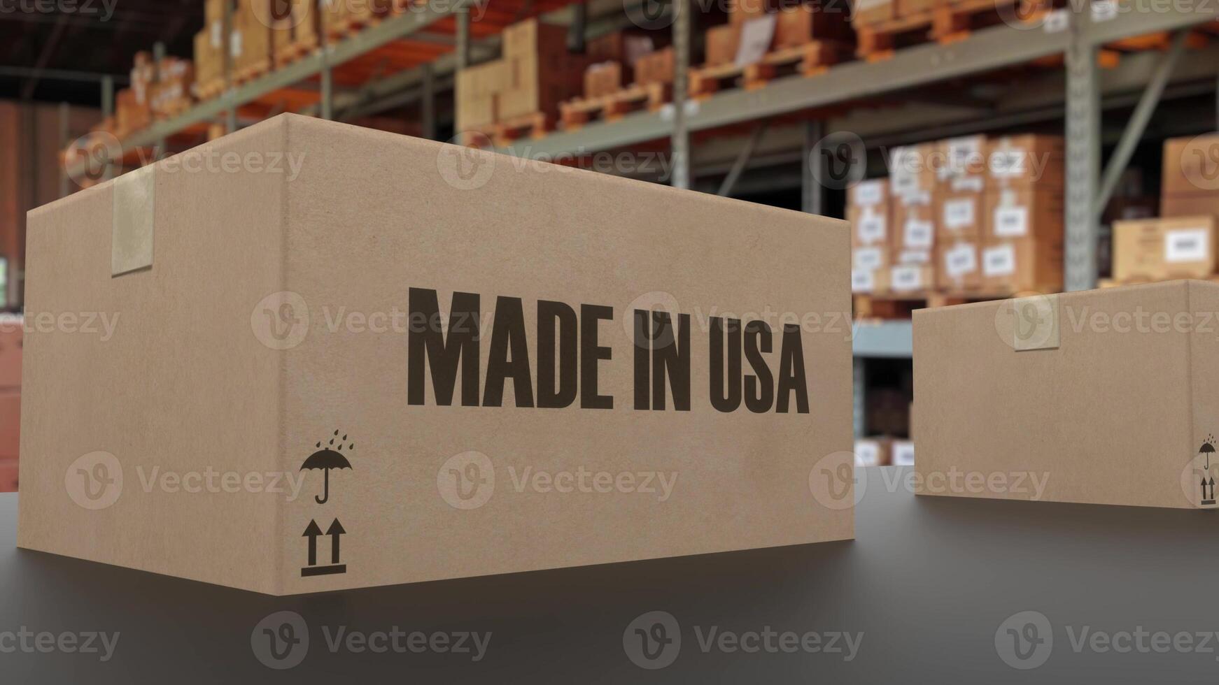 Boxes with MADE IN USA text on conveyor. 3d rendering photo