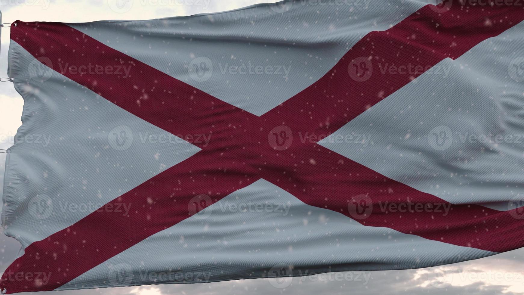 bandera de invierno de alabama con fondo de copos de nieve. Estados Unidos de América. representación 3d foto