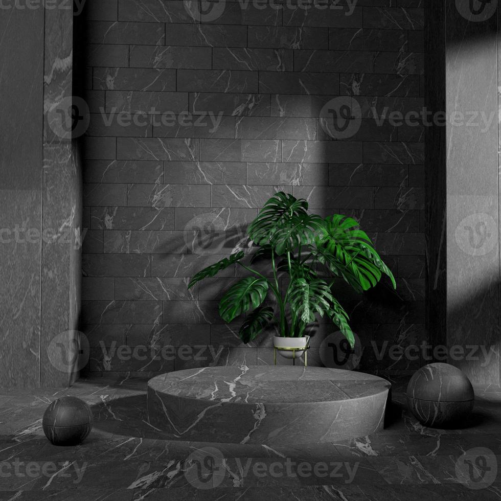 3d rendering minimal podium stage design in dark interior environment with marble texture and plants photo