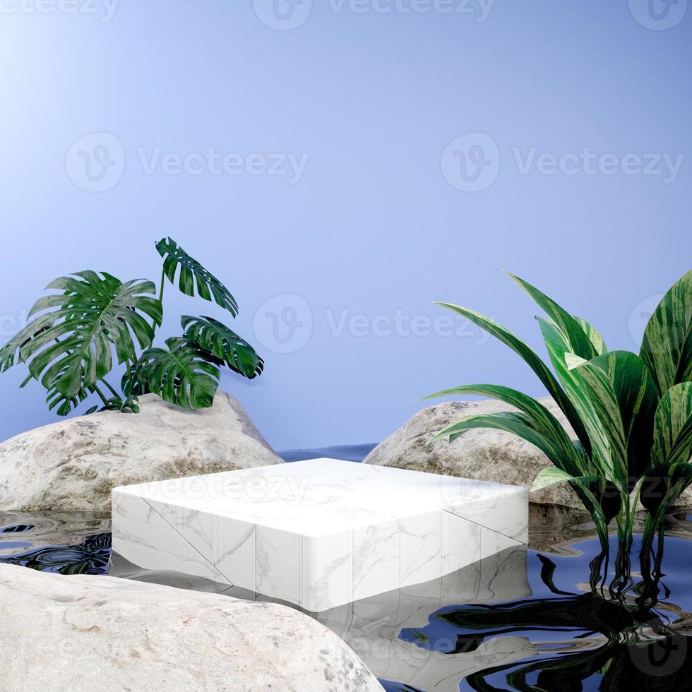 3d rendering minimal podium stage under water for presenting product mockup with rocks and plants photo