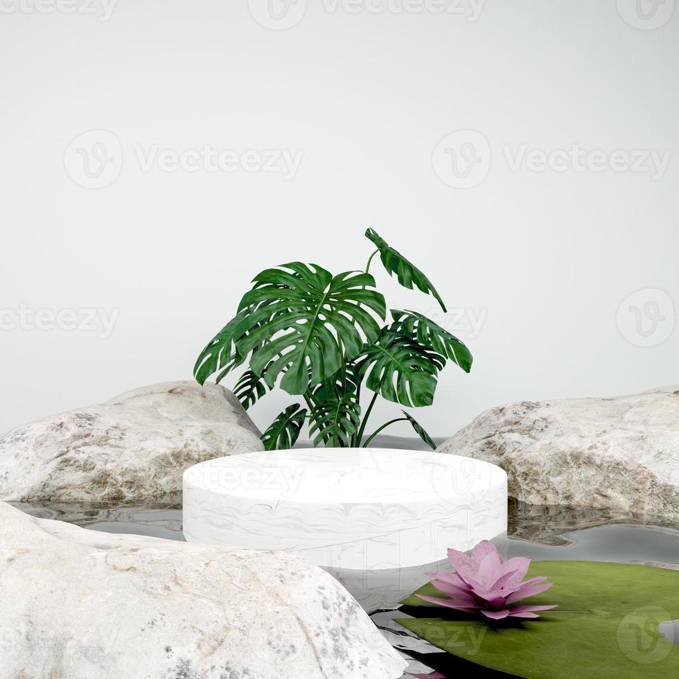 3d rendering minimal podium stage under water for presenting product mockup with rocks and plants photo