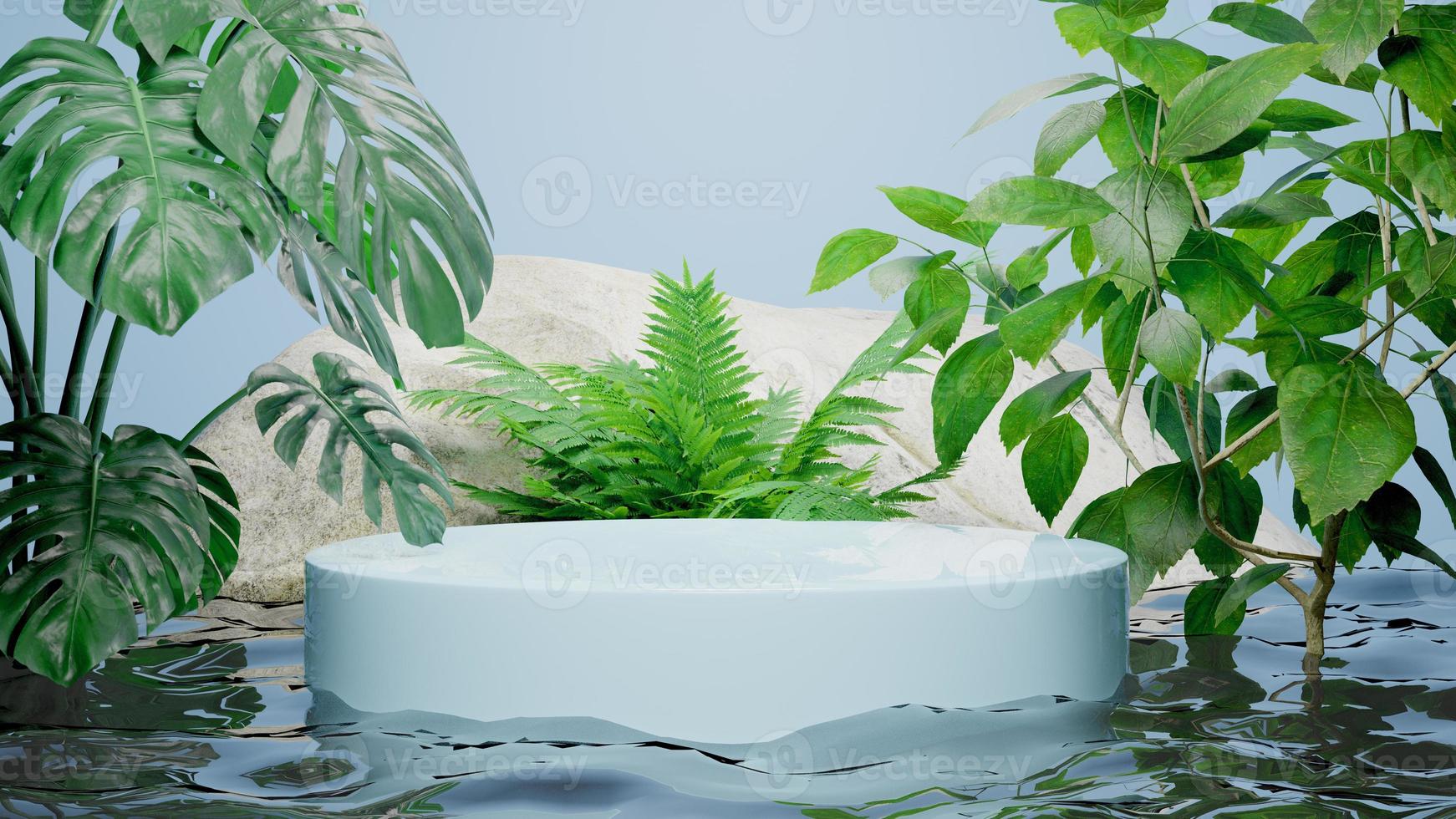 3d rendering minimal podium stage under water for presenting product mockup with rocks and plants photo