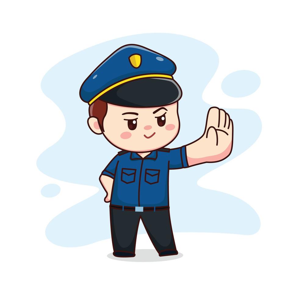 illustration of happy cute policeman with stop sign kawaii chibi cartoon character design vector