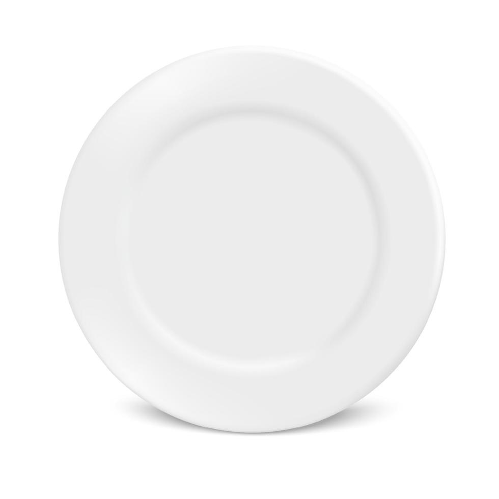 Vector 3d Realistic White Porcelain, Plastic or Paper Disposable Food Plate Plate Icon is isolated on a white background. Front view. Design template.