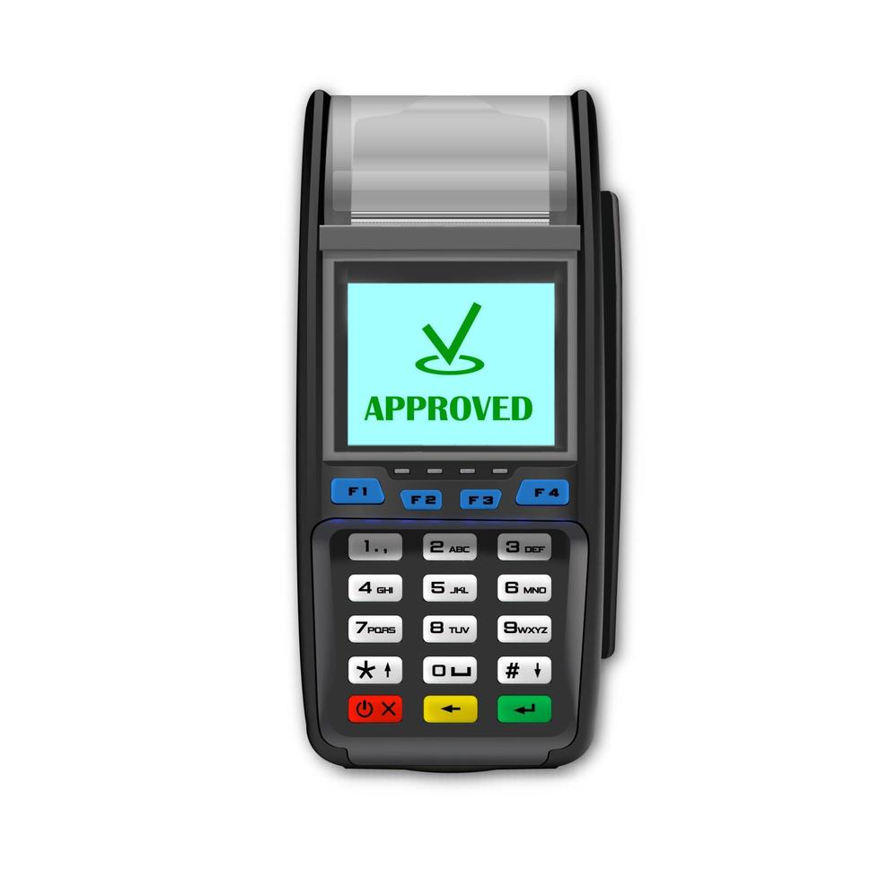 Vector Realistic black 3d Payment machine. POS terminal close-up on a white background. Design template for a bank payment terminal, Layout. NFC payment processing device. Top View