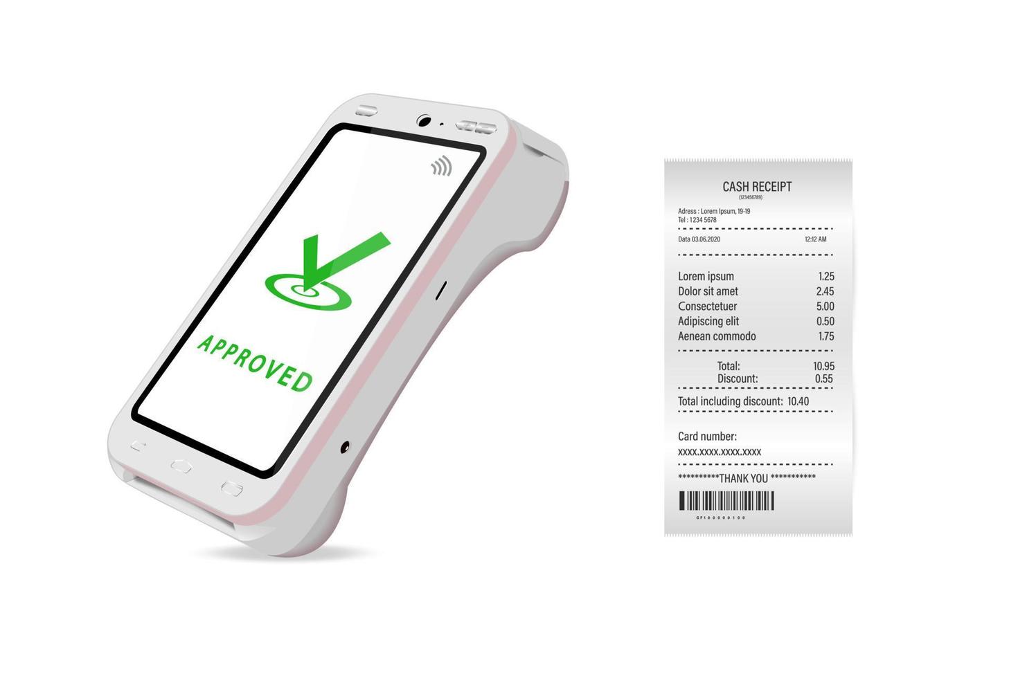 Vector Realistic white 3d Payment Machine. Close-up of a POS terminal with a receipt on a white background. Design template, layout. NFC payment processing device. Top View