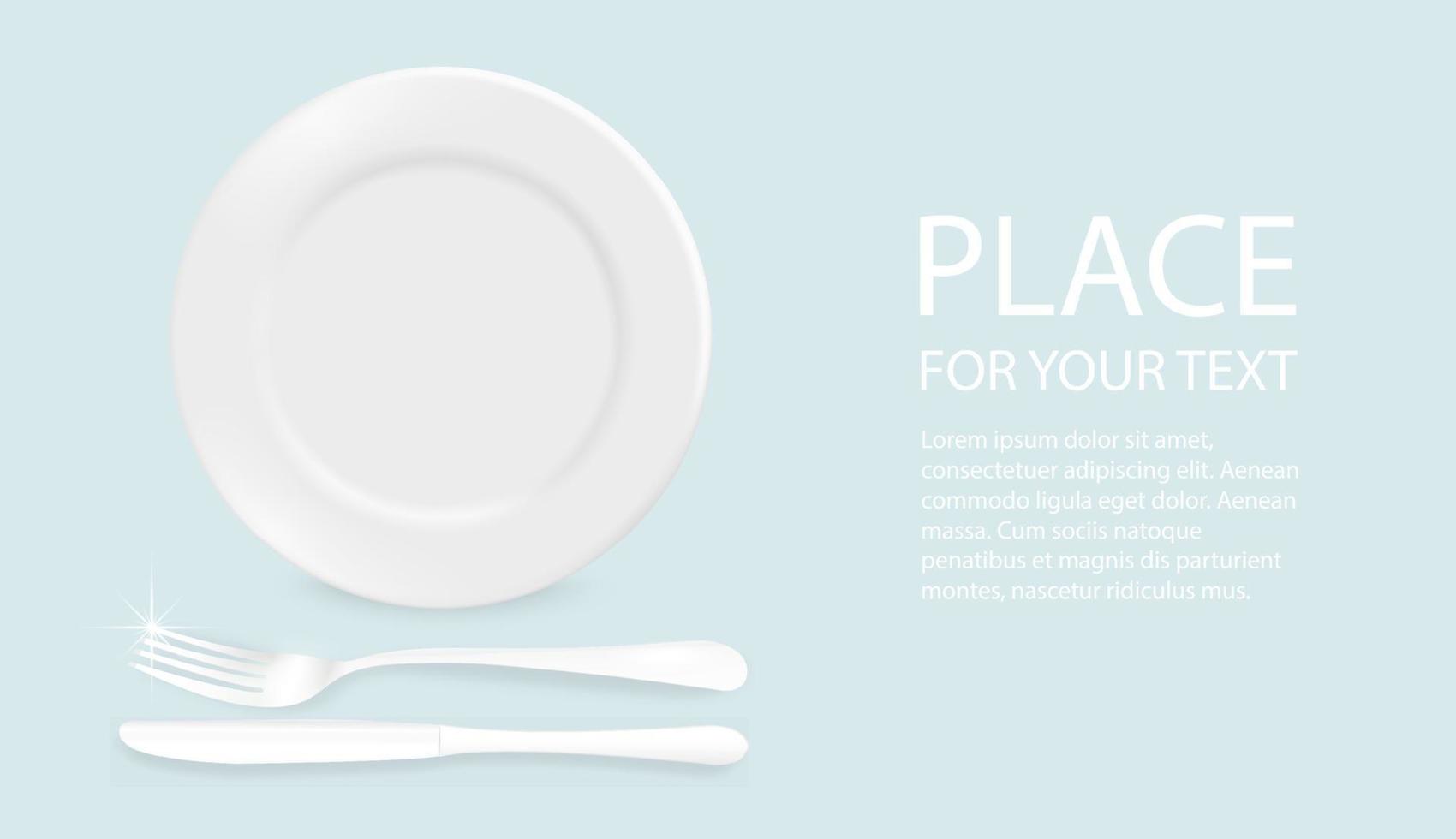 Vector 3d Realistic White with fork and knife, plastic or paper disposable food plate. The plate icon is isolated on a white background with text. Front view. Design template.