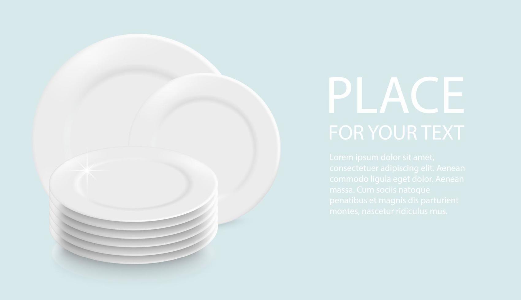 vector 3d platos blancos realistas en pilas, para comida. el icono de las placas está aislado con texto. vista frontal. plantilla de diseño de vajilla limpia.
