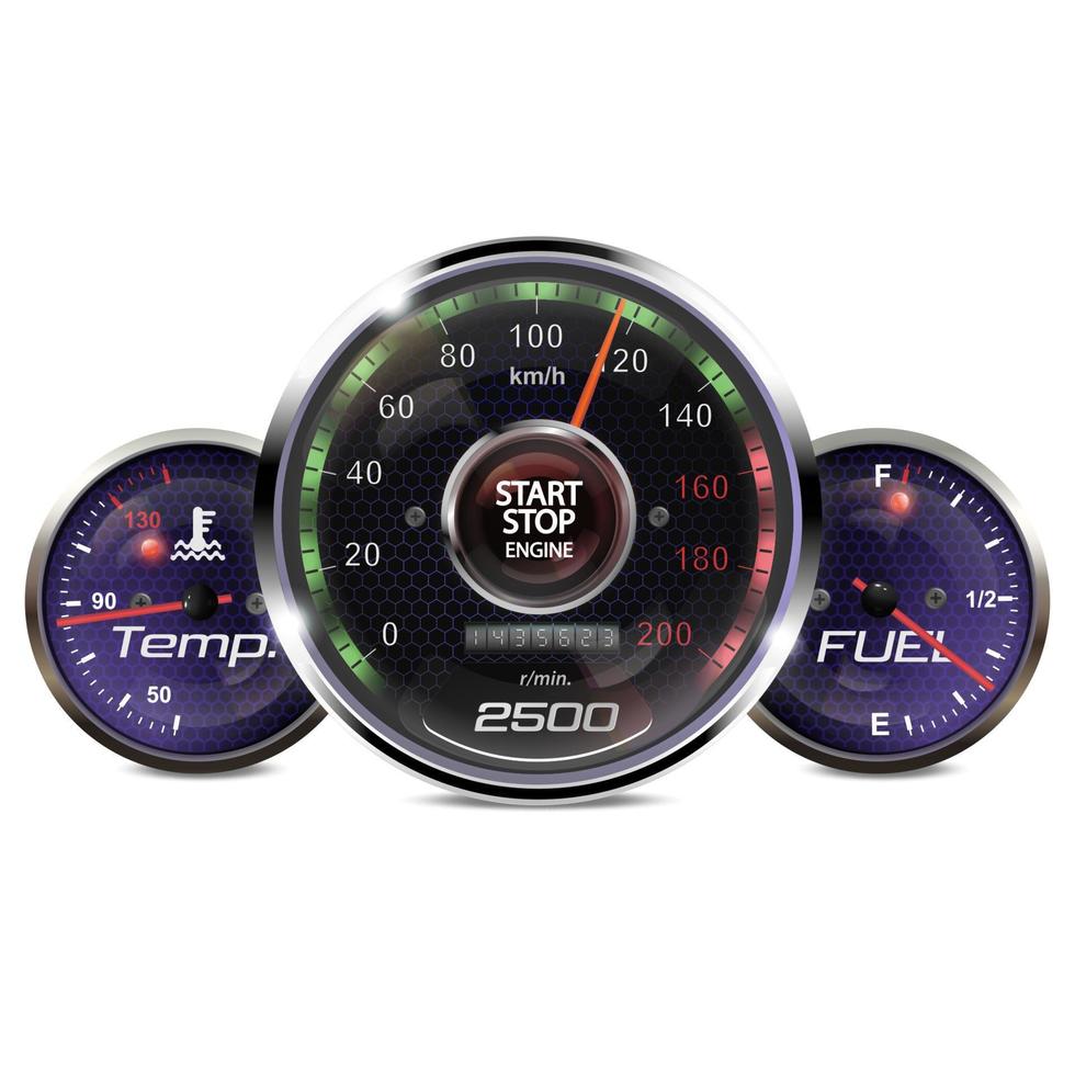 Vector 3D realistic beautiful speedometer on a white background. Illustration of a car speed meter.