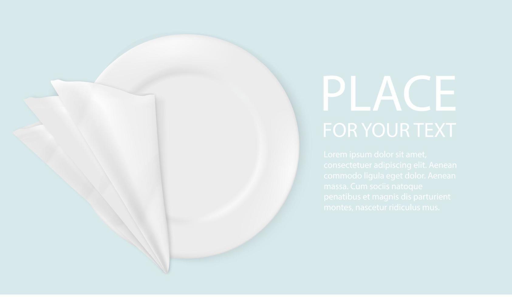 vector 3d plato de comida desechable de porcelana blanca realista, plástico o papel con servilleta. el icono de la placa está aislado en un fondo blanco con texto. vista frontal. plantilla de diseño