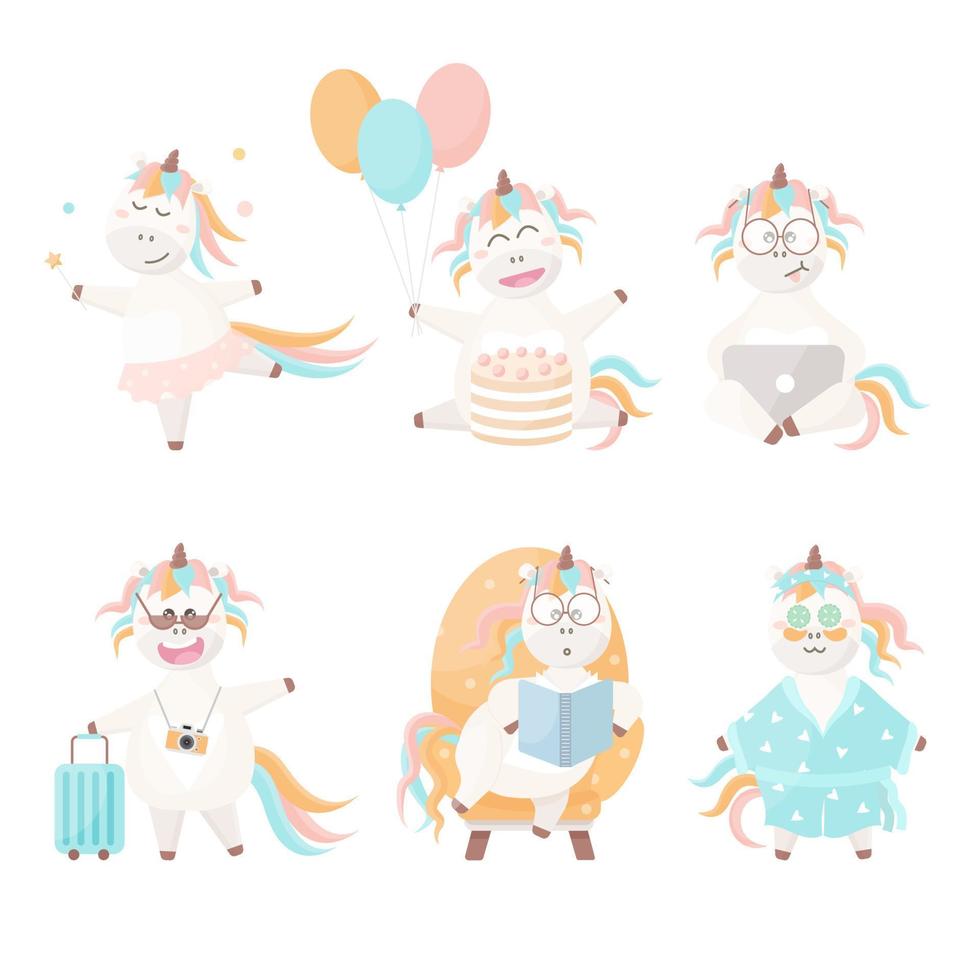 Set of unicorns. Reading, dancing, studying, traveling, reading, having bath. Unicorn vector flat illustrations. Unicorn stickers.