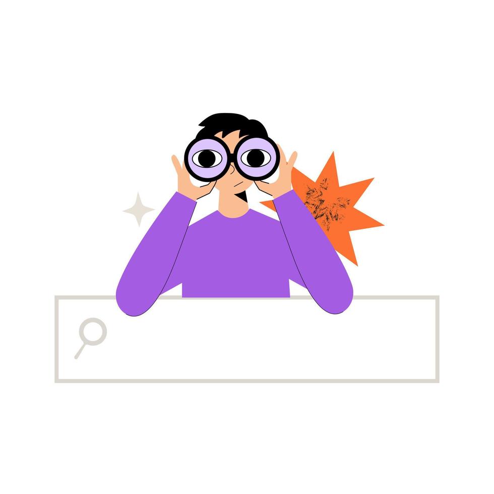Man is sitting and looking through binoculars, observing with binoculars. Concept vector illustration for search. Searching information or people. Monitoring, searching, surveillance, watching.