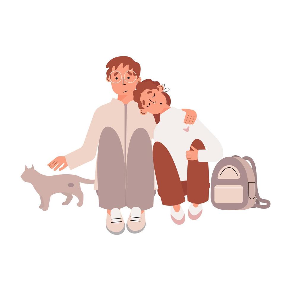 Boy and girl are sitting together with their bag and street cat. Refugee children vector concept illustration. Children stayed on the street alone.