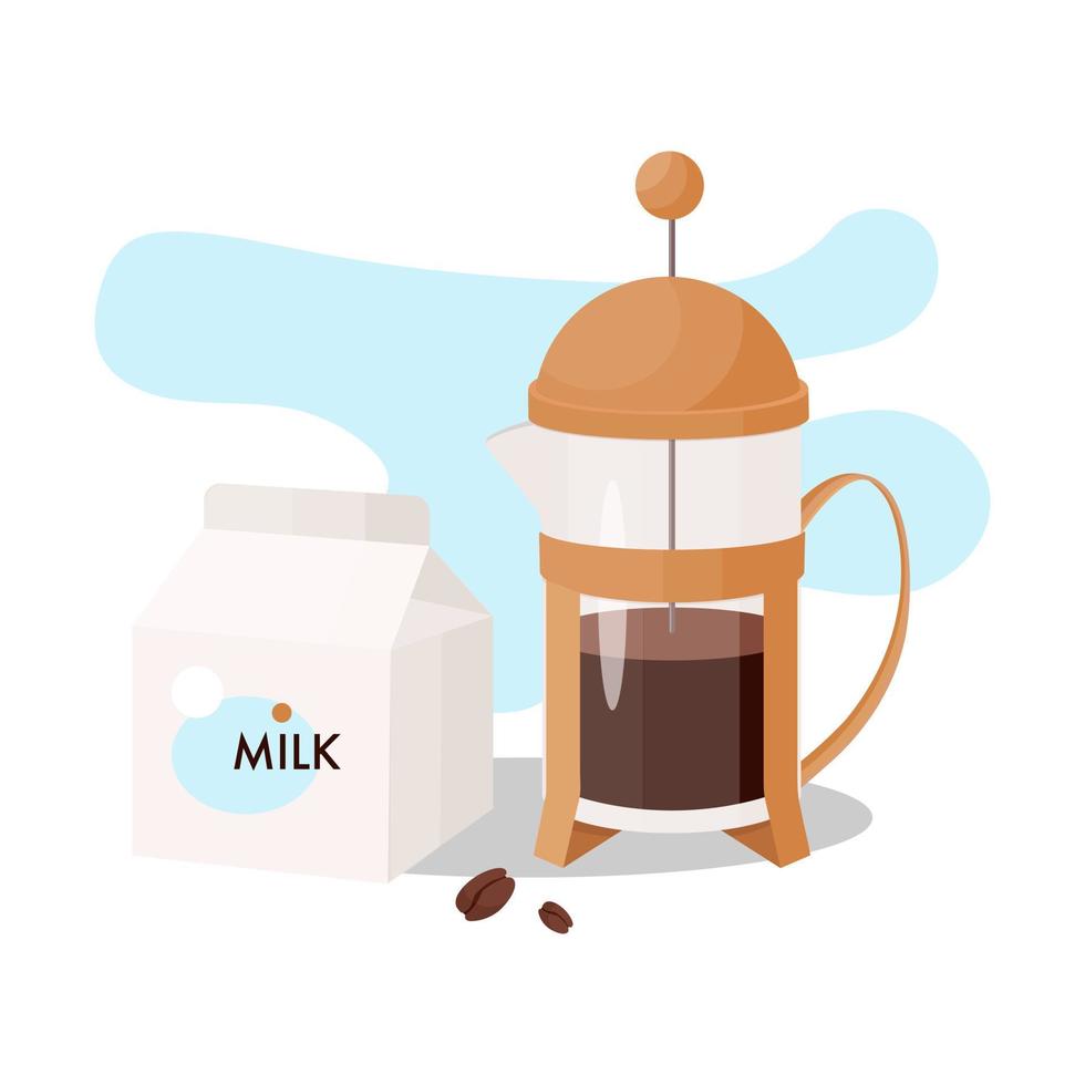 French press coffee with milk. Coffee vector illustration in flat cartoon style.