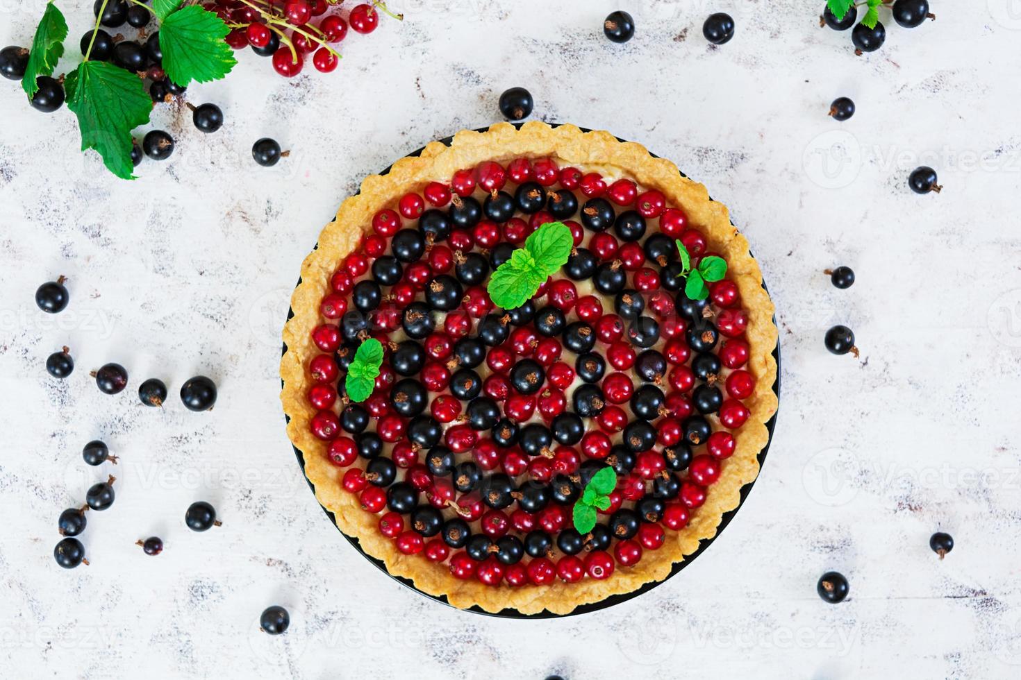 Delicious tart with custard and currant on white background photo