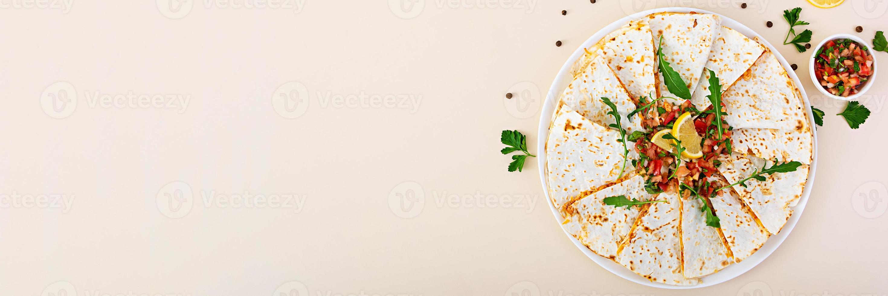 Delicious quesadilla with chicken, corn and salsa. Banner. photo