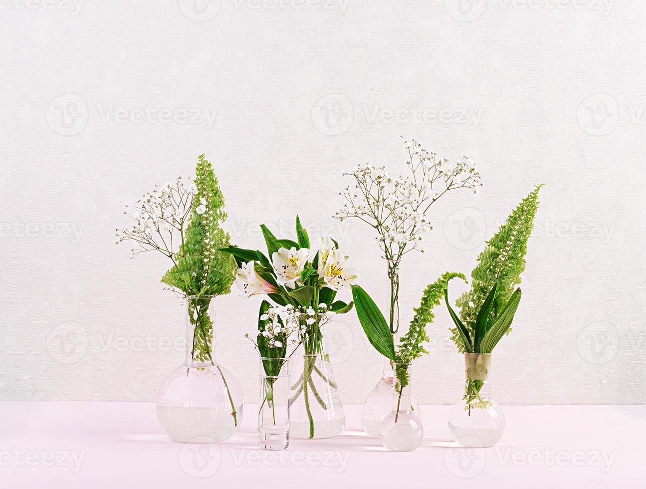 flores y plantas en matraz. hermoso fondo de primavera con flores en jarrón. foto