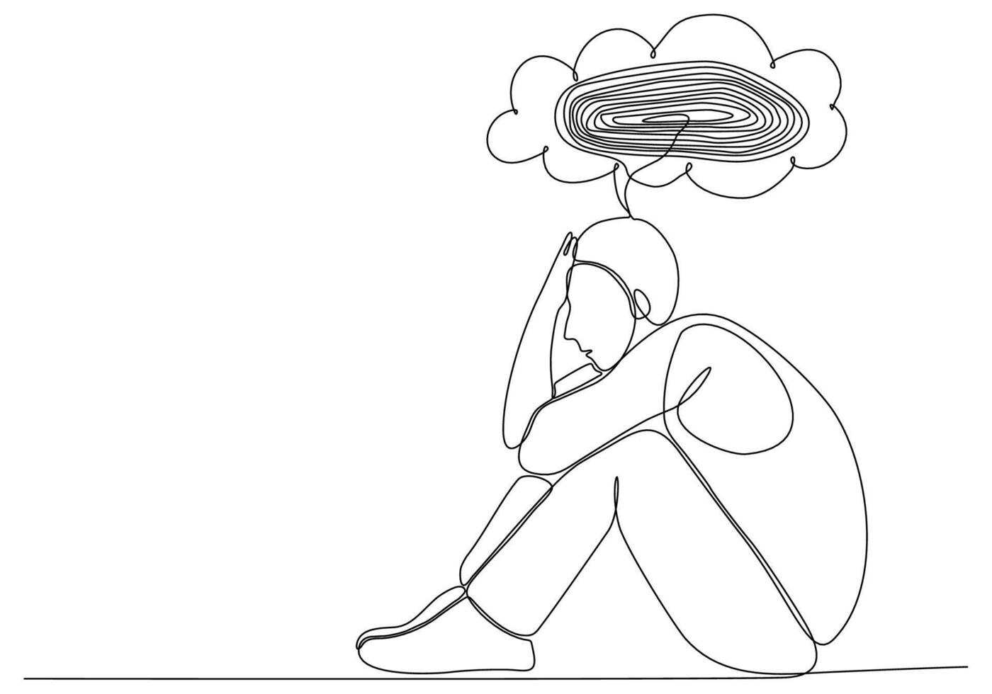 Continuous line drawing of young man feeling sad, tired and worried suffering from depression in mental health vector illustration