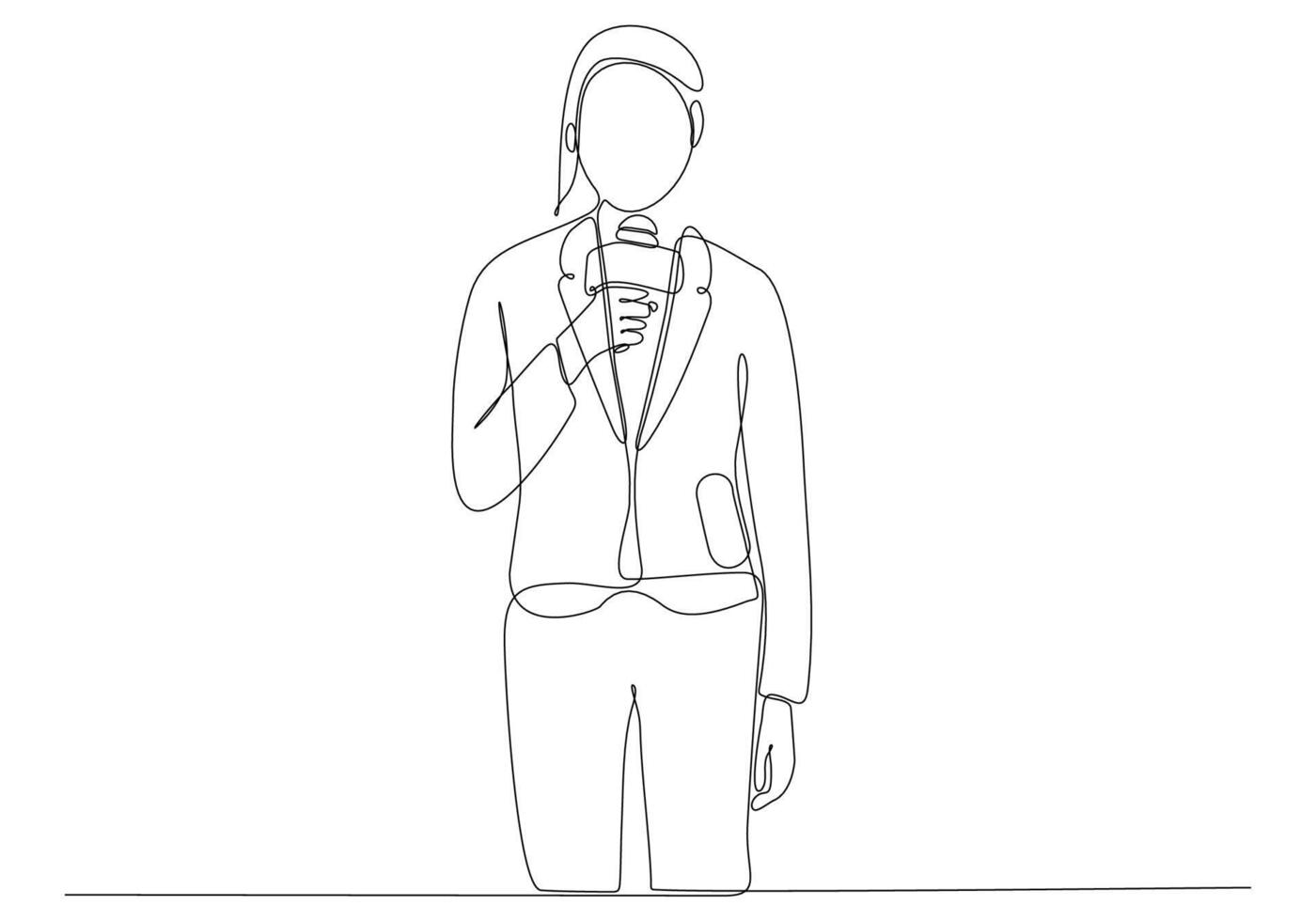 Continuous line drawing of woman holding microphone, journalist symbol vector illustration