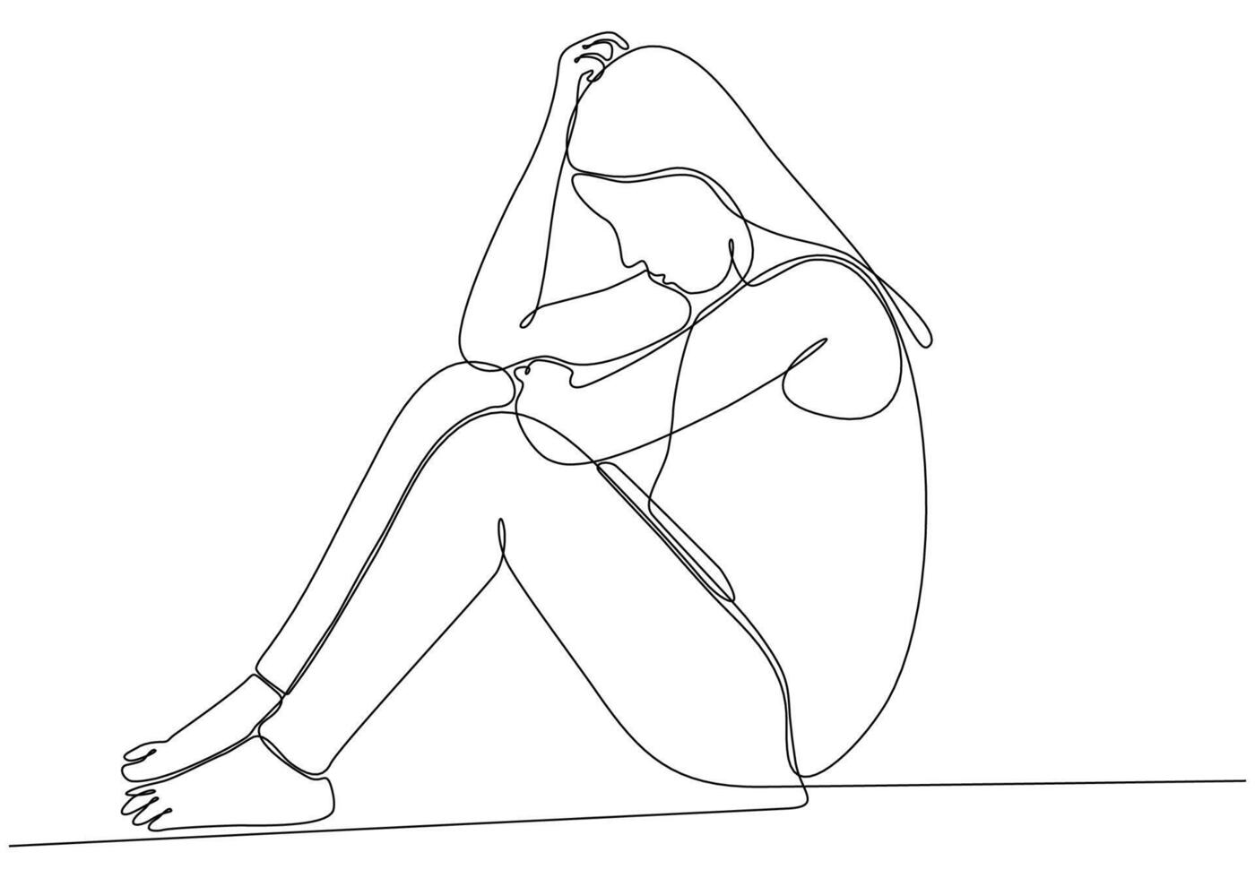 dibujo de línea continua de una mujer joven que se siente triste, cansada y preocupada que sufre de depresión en la ilustración del vector de salud mental