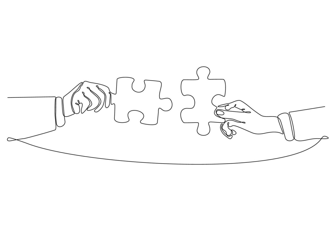 Continuous line drawing of hand Merge Two Pieces Puzzle isolated on white background. vector
