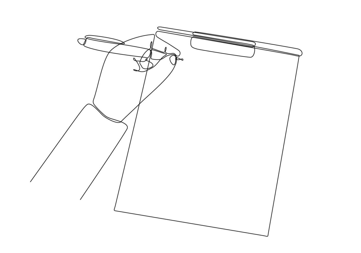 continuous line drawing of a man's hand writing something on a notepad isolated on a white background vector illustration