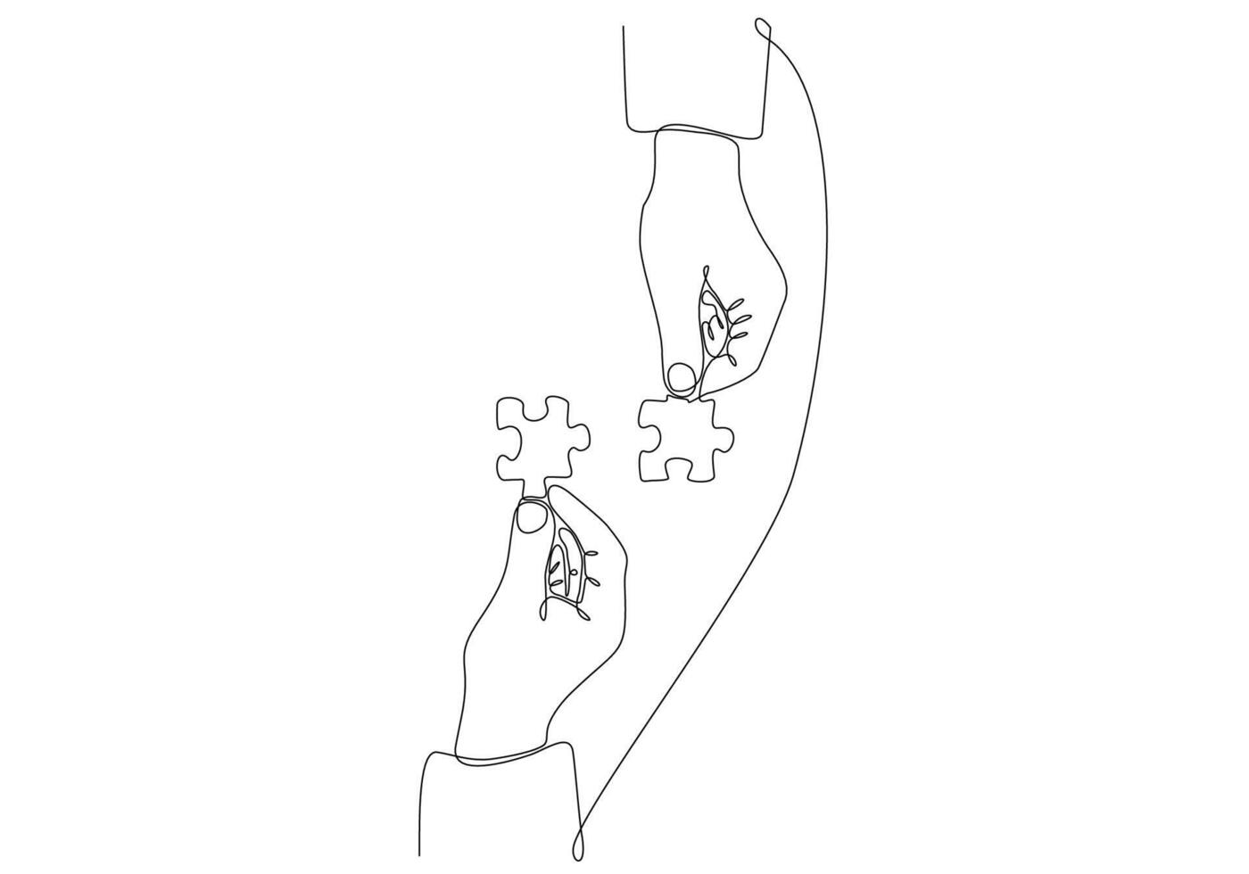 Continuous line drawing of hand Merge Two Pieces Puzzle isolated on white background. vector