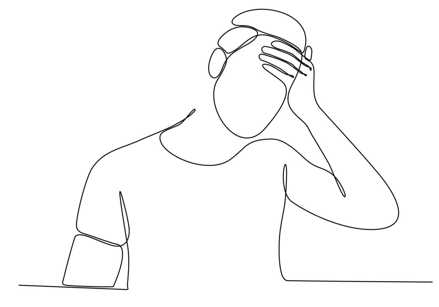 Continuous line drawing of young man feeling sad, tired and worried suffering from depression in mental health vector illustration