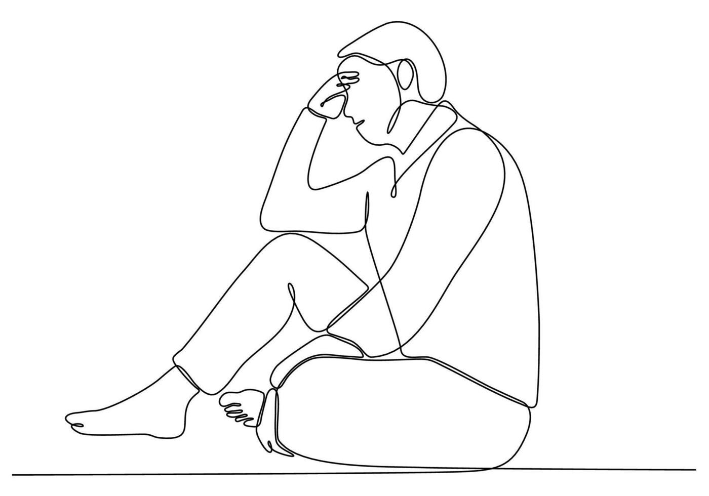 Continuous line drawing of young man feeling sad, tired and worried suffering from depression in mental health vector illustration