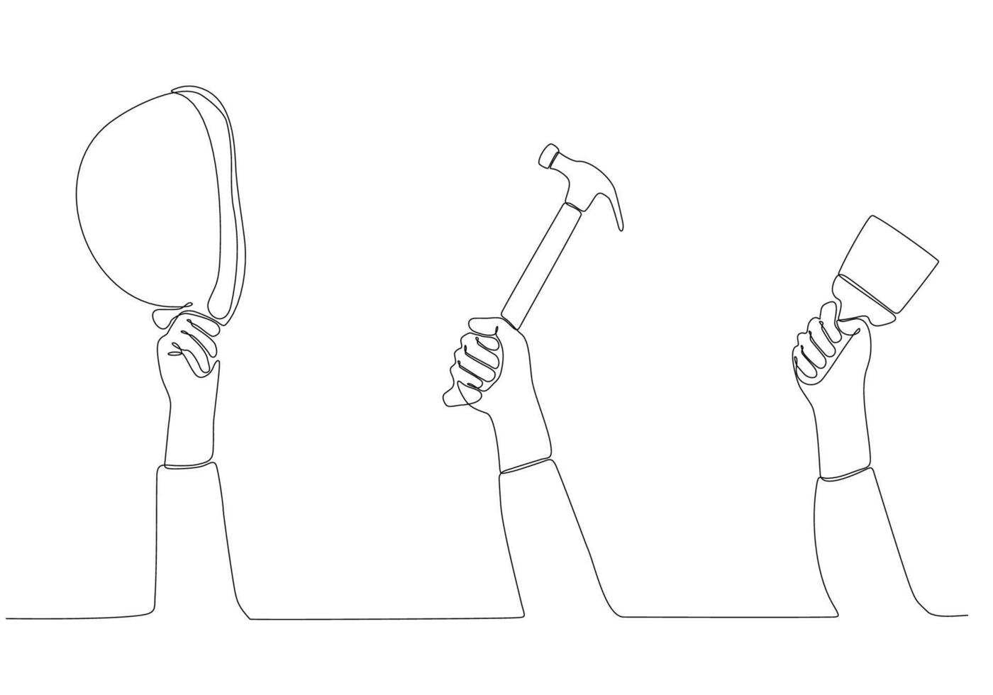 continuous line drawing A set of male hands holding building equipment vector