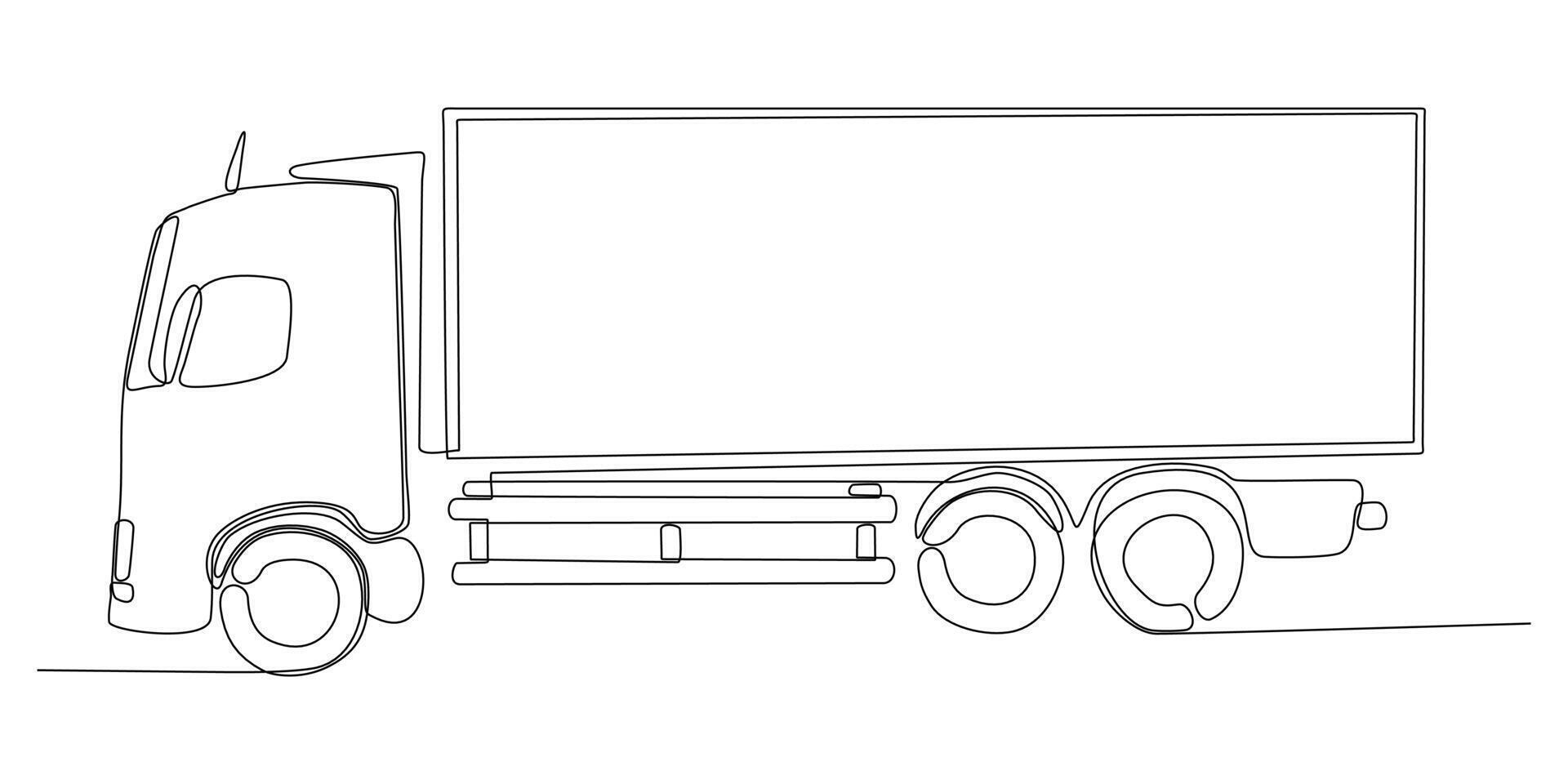 One line drawing of a modern large trailer truck with containers. Courier cargo vector