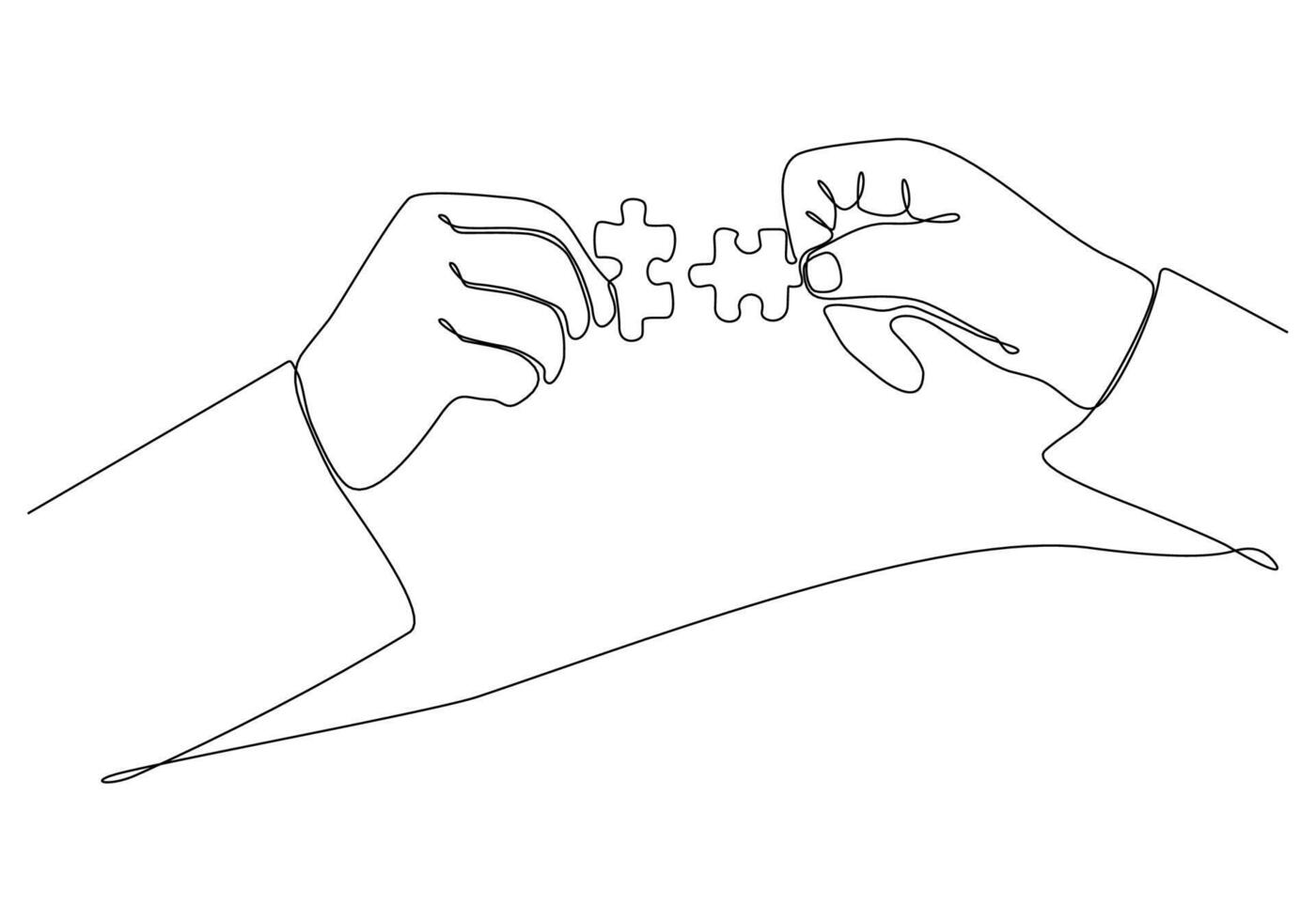 Continuous line drawing of hand Merge Two Pieces Puzzle isolated on white background. vector