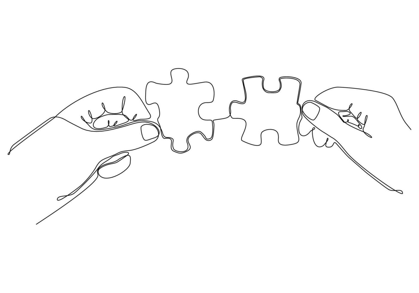 Continuous line drawing of hand Merge Two Pieces Puzzle isolated on white background. vector