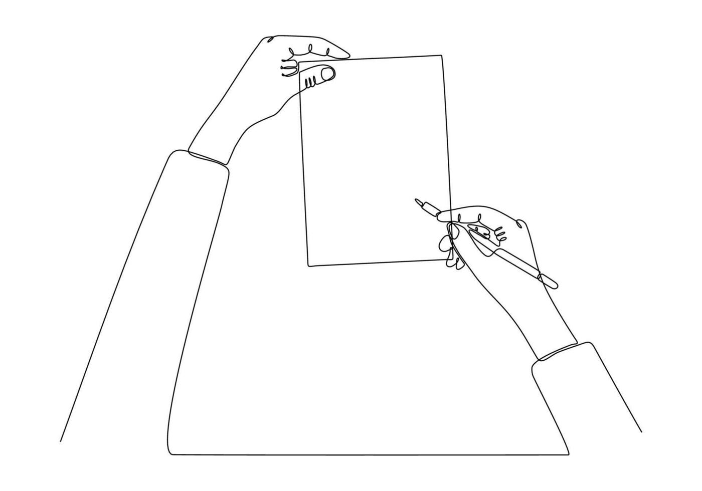 continuous line drawing of a man's hand writing something on a notepad isolated on a white background vector illustration