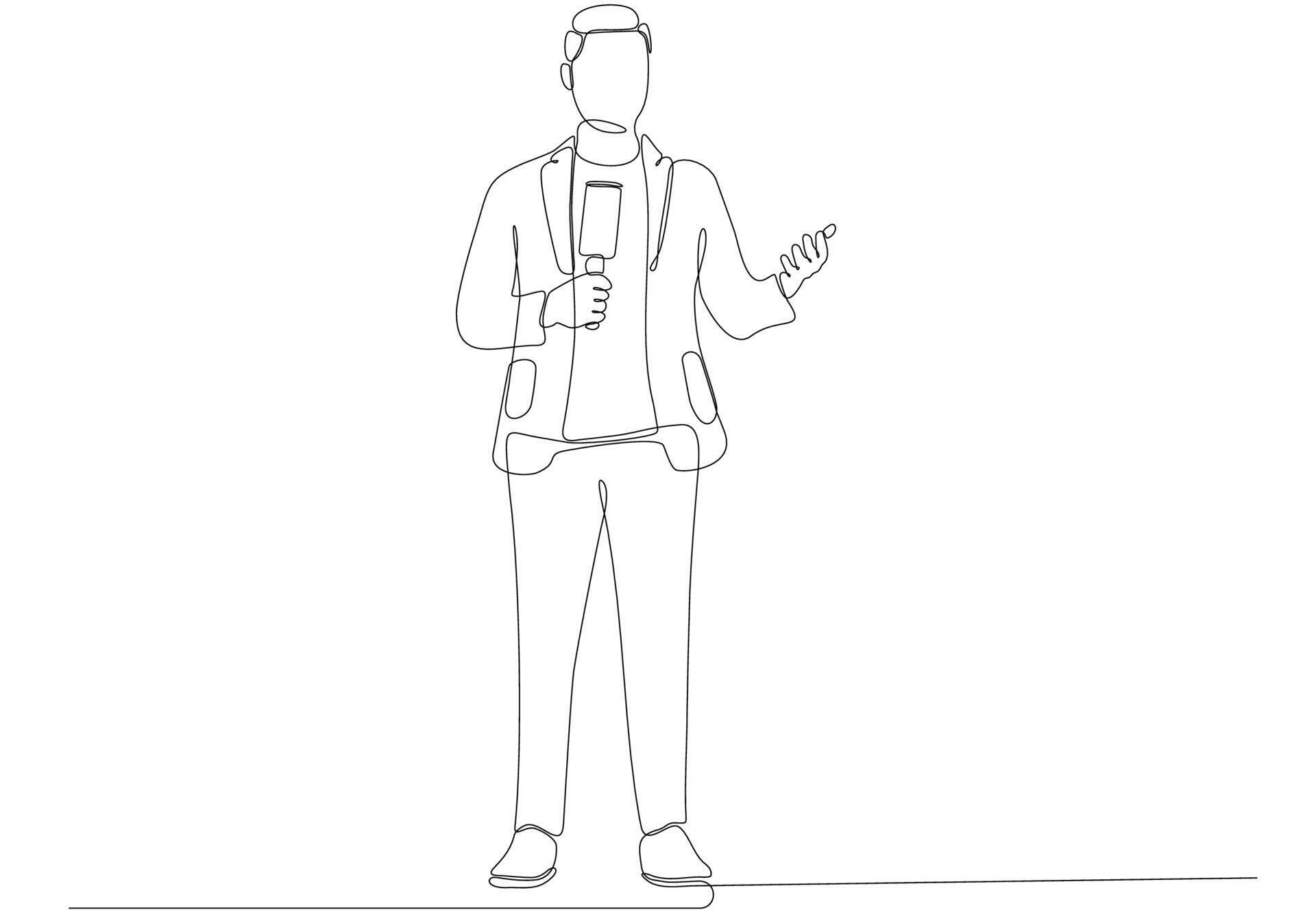 Continuous line drawing of man holding microphone, journalist symbol
