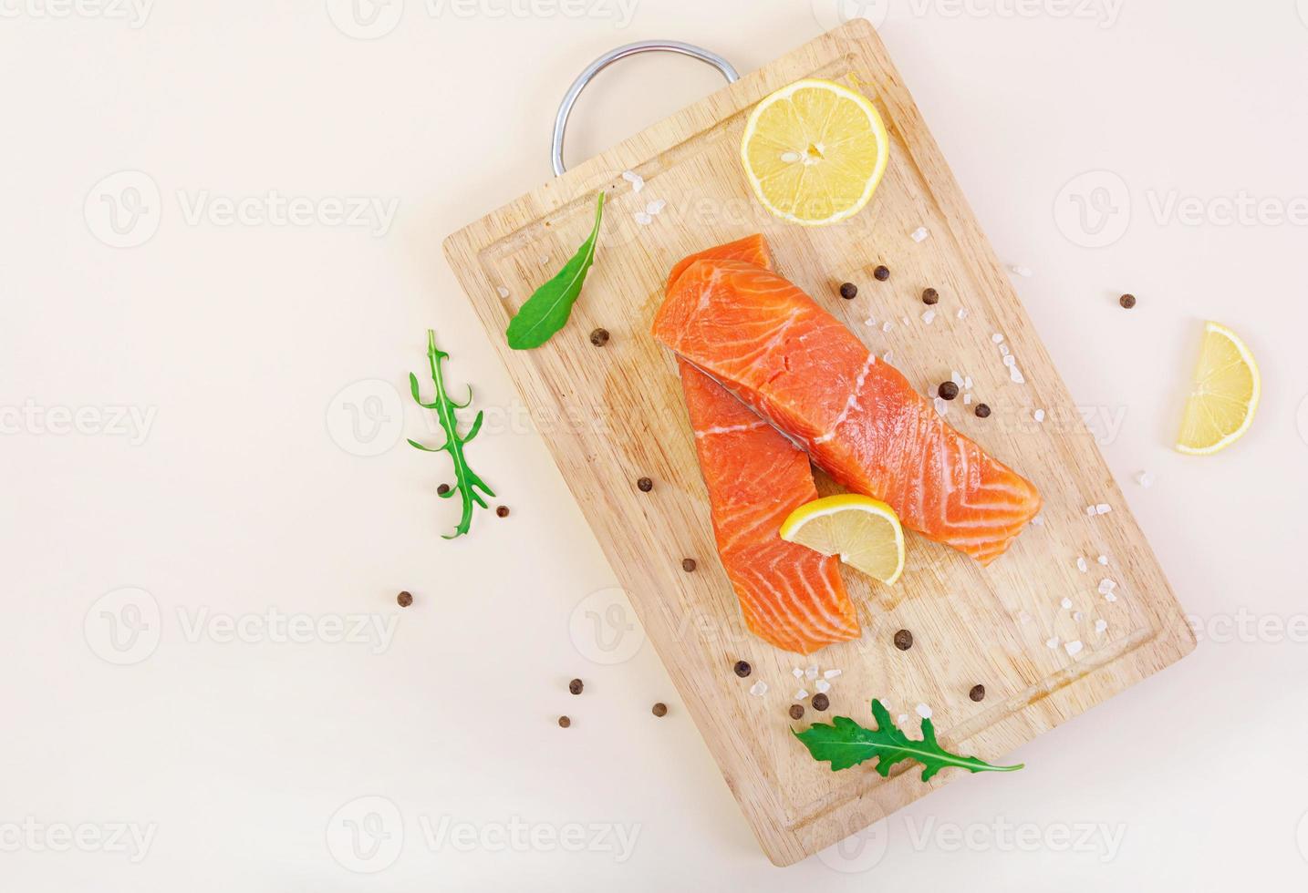 Fillet of red fish. Fresh salmon fillet. Top view photo