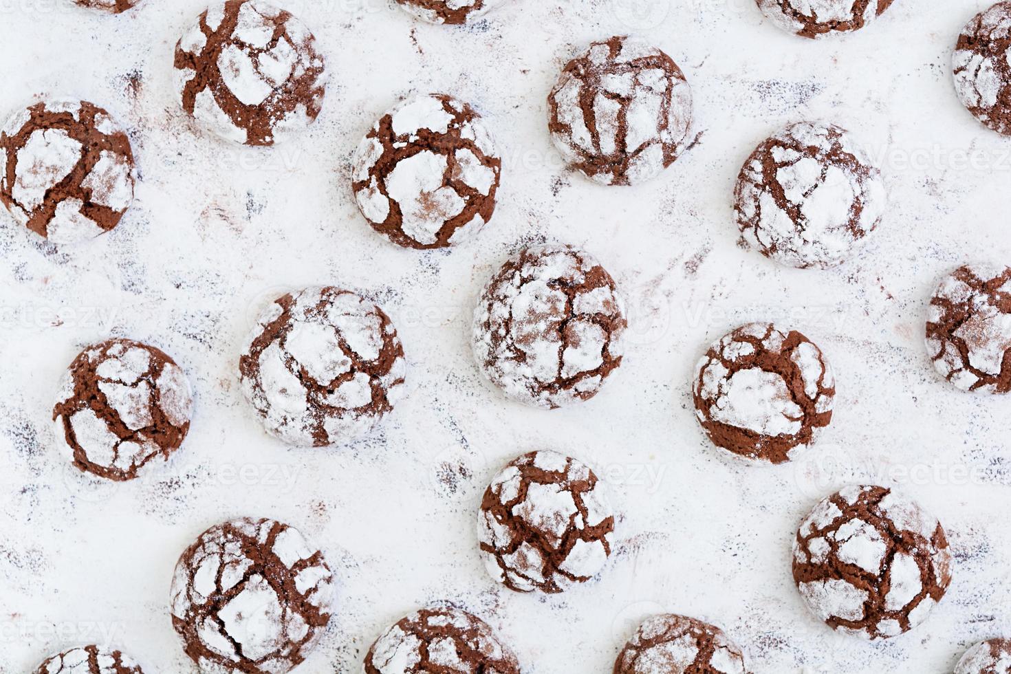 Chocolate cookies on white background. Top view photo