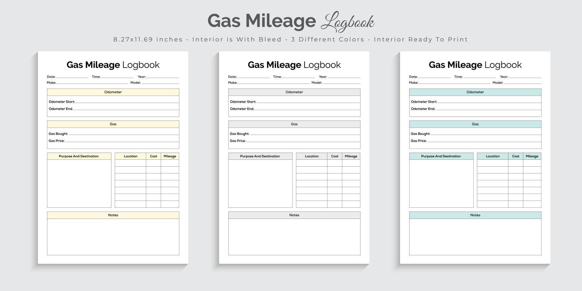 Gas mileage logbook planner journal and tracker printable interior design template vector