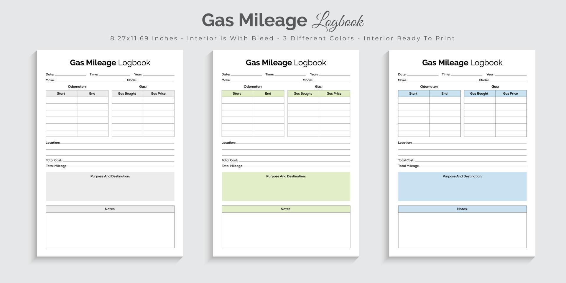 Gas mileage logbook planner journal and tracker printable interior design template vector
