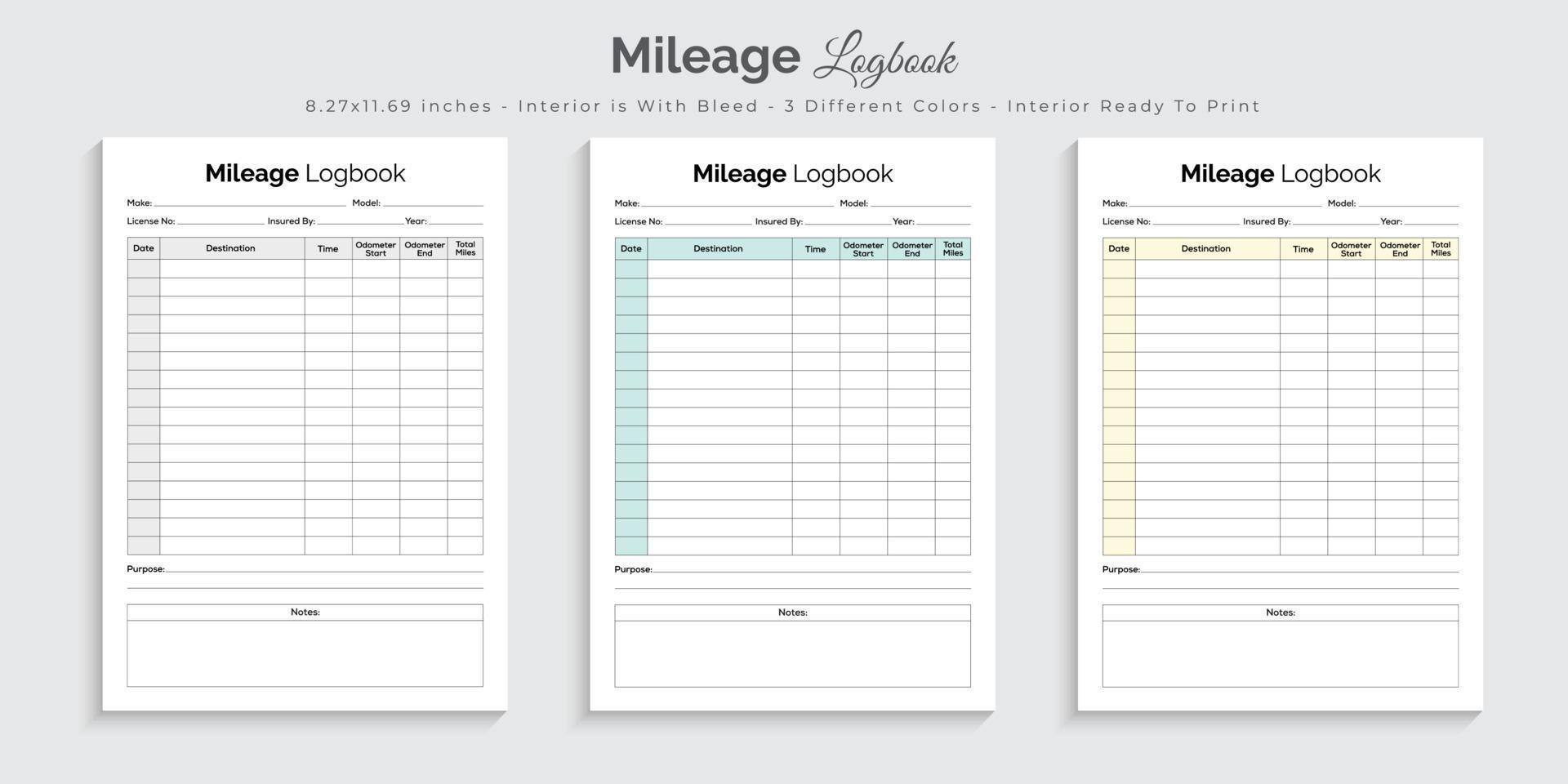 Mileage logbook journal planner and tracker printable interior design template vector