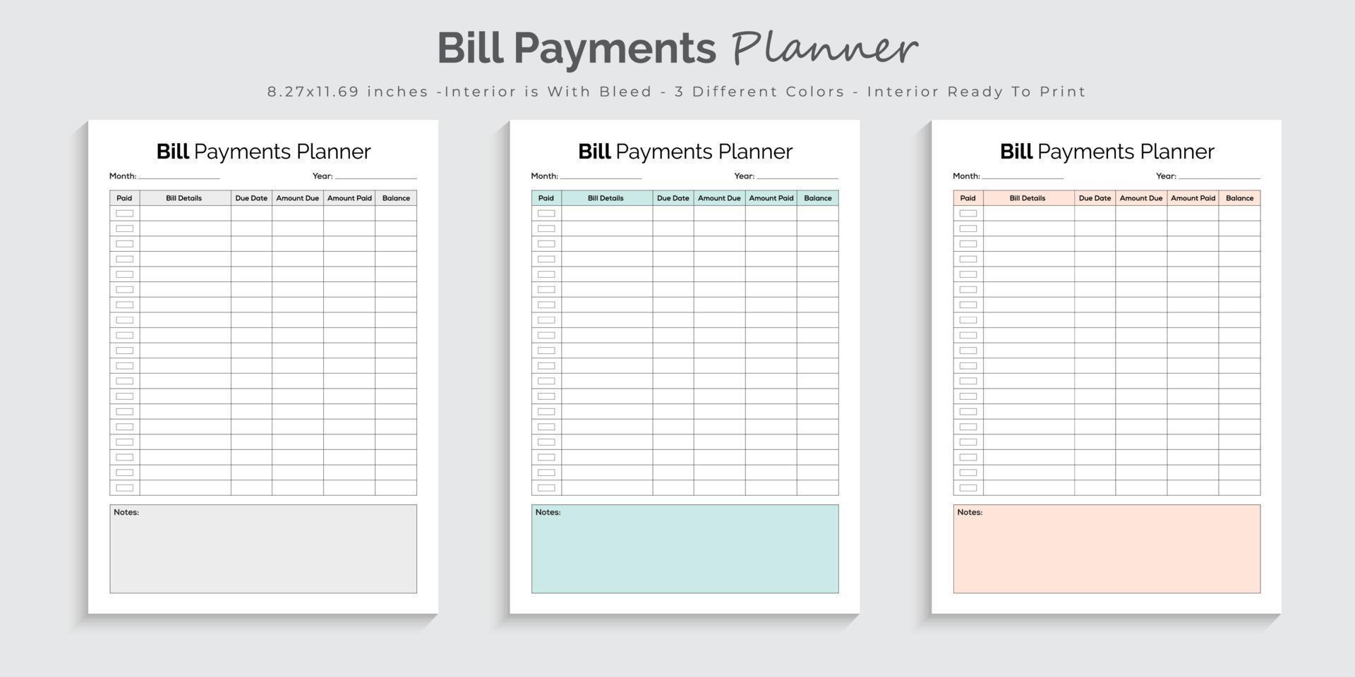 Bill payments planner and tracker printable interior design template vector