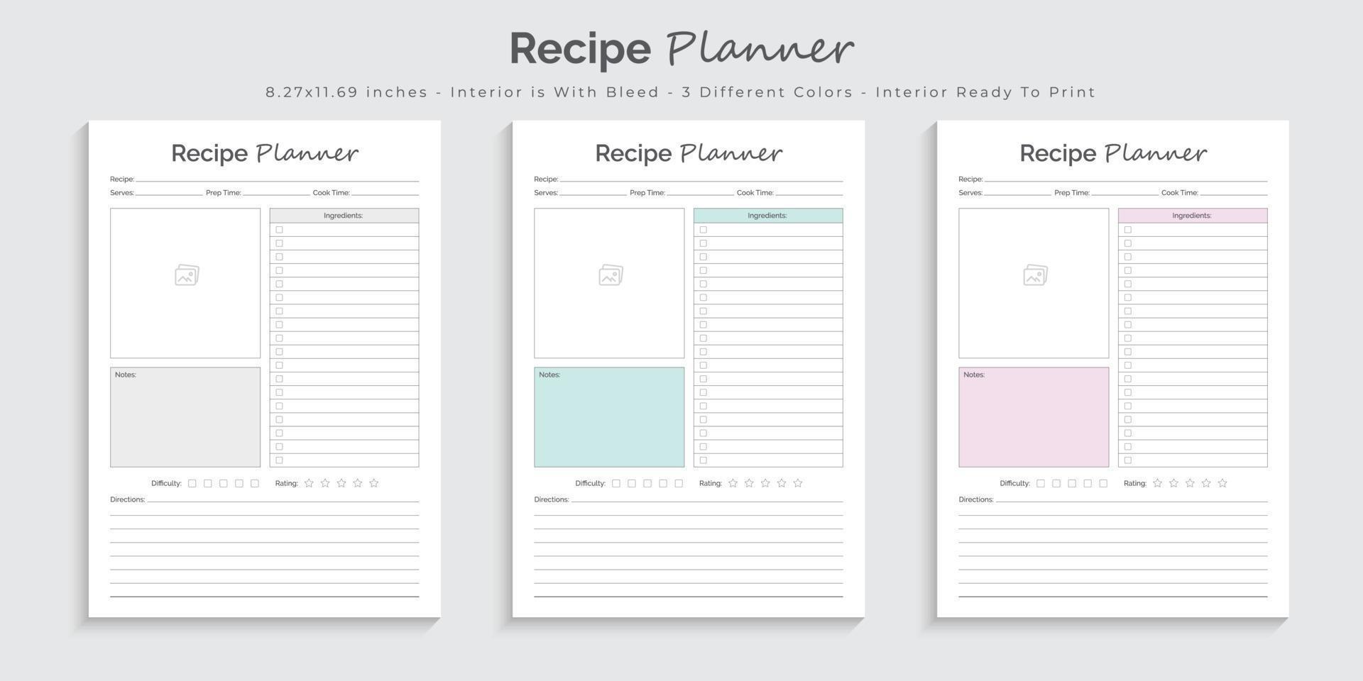 Recipe planner logbook journal and tracker printable interior design template vector