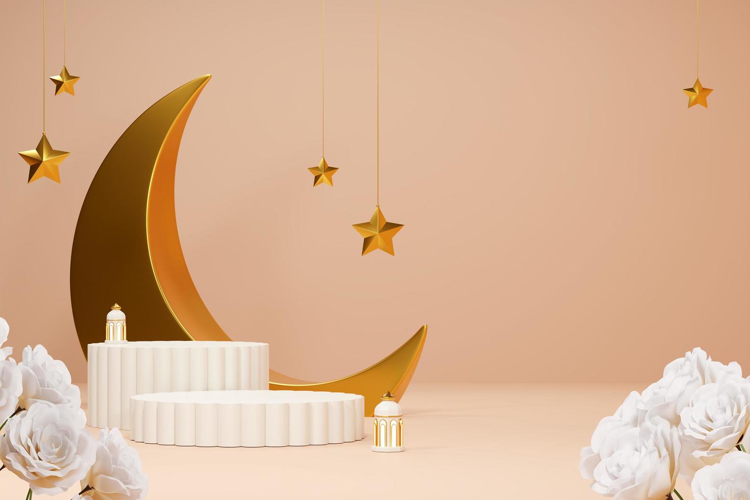 Imagen de representación 3d de fondo de saludo de tema de ramadán y eid fitr adha mubarak con objetos de decoración islámica foto