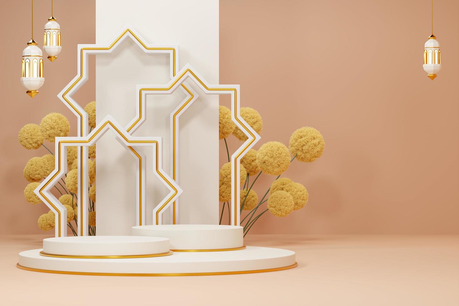 Imagen de representación 3d de fondo de saludo de tema de ramadán y eid fitr adha mubarak con objetos de decoración islámica foto