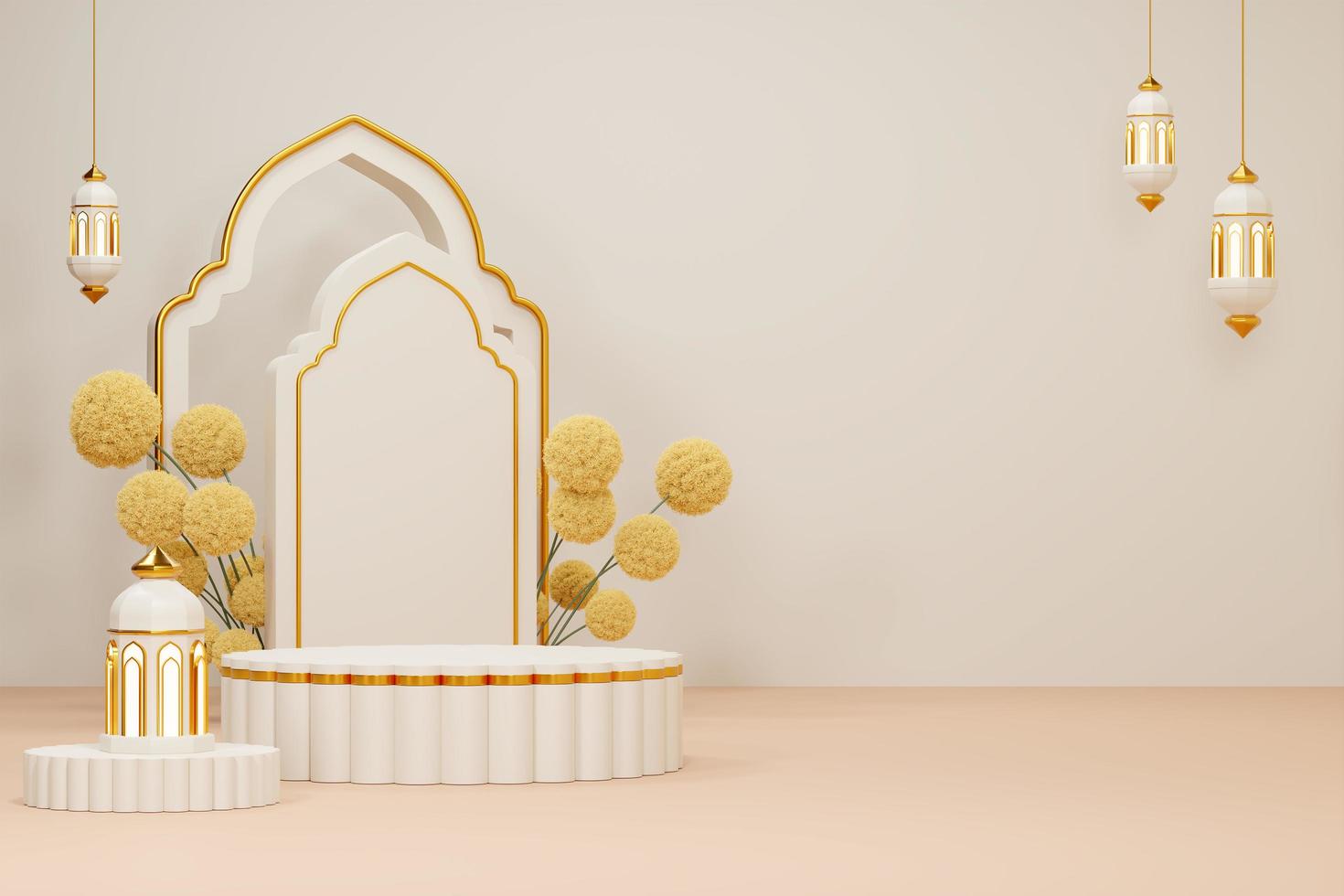 Imagen de representación 3d de fondo de saludo de tema de ramadán y eid fitr adha mubarak con objetos de decoración islámica foto