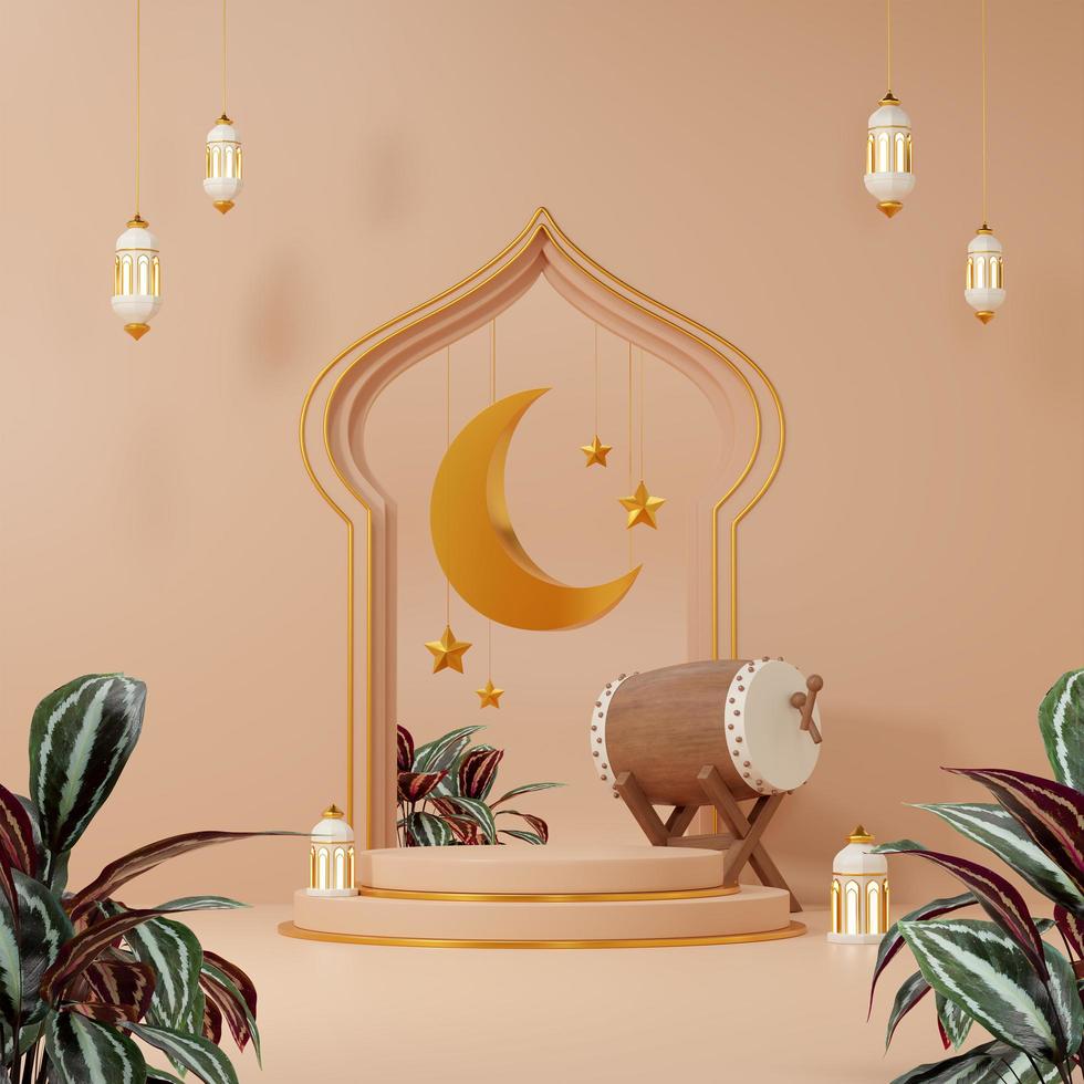 Imagen de representación 3d de fondo de saludo de tema de ramadán y eid fitr adha mubarak con objetos de decoración islámica foto