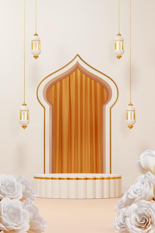 Imagen de representación 3d de fondo de saludo de tema de ramadán y eid fitr adha mubarak con objetos de decoración islámica foto