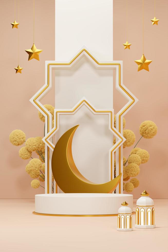 Imagen de representación 3d de fondo de saludo de tema de ramadán y eid fitr adha mubarak con objetos de decoración islámica foto